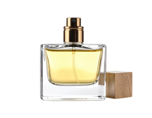 Elegant Perfume Bottle with Wooden Cap on White Background.