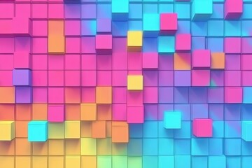 Vibrant 3D cubical wall texture, colorful block pattern, geometric abstract design, playful graphic background, modern art illustration, multicolored tile surface.