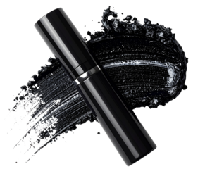 Black Mascara Wand and Smudge on White Background.