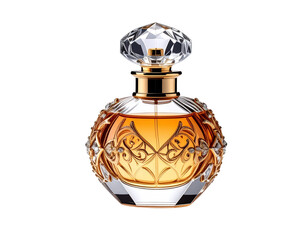 Elegant Perfume Bottle with Ornate Design and Golden Liquid.