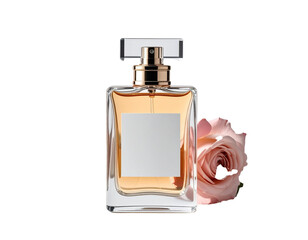 Elegant Perfume Bottle with Delicate Rose Petals Isolated on White Background.