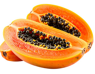 Fresh Ripe Papaya Fruit Halved Showing Black Seeds and Orange Flesh.