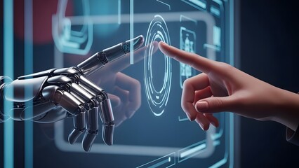 Human and robotic hand interacting with futuristic interface technology