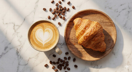 Flat lay of cappuccino cup with croissant and coffee beans on marble table