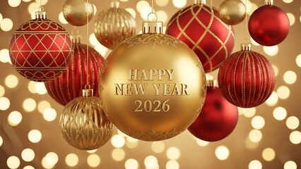 Obraz premium Happy new year 2020 festive christmas ornaments hanging with bokeh lights background