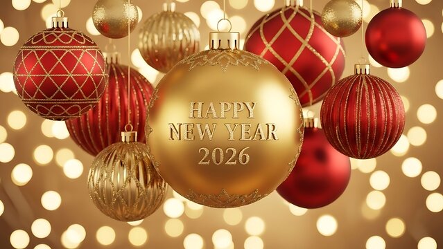 Happy new year 2020 festive christmas ornaments hanging with bokeh lights background