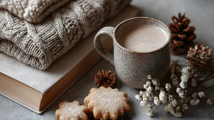 Cozy Hygge Still Life with Hot Cocoa, Knitted Sweater, and Winter Cookies