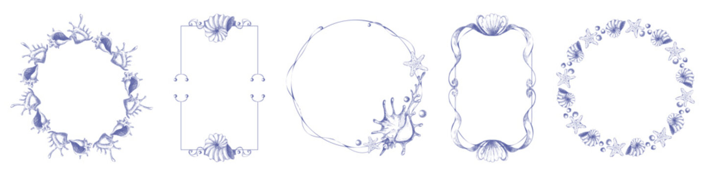 Vintage sea frames set with hand drawn doodles. Blue decorative border adorned with seashells, starfish motifs and marine elements in whimsical line for beach wedding invitation, summer birthday card