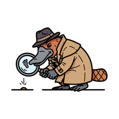 Naklejka premium Platypus Detective Character Inspecting Footprint with Magnifying Glass Vector