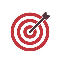 Target icon with arrow hitting bullseye, Goal achievement symbol, Success and accuracy graphic, Red target illustration, Aim and focus icon, Vector illustration.