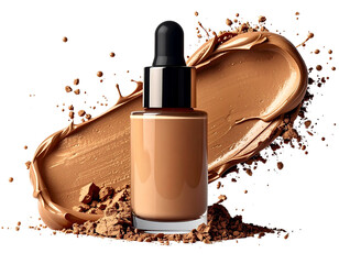 A bottle of liquid foundation with a smear of makeup and scattered powder.
