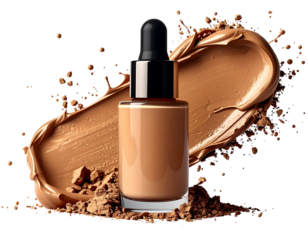 A bottle of liquid foundation with a smear of makeup and scattered powder.