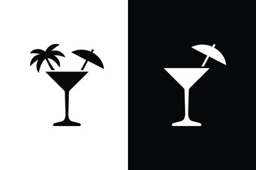 Minimalist tropical cocktail glass with palm tree and umbrella decorations