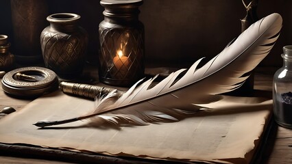 Ultra realistic cinematic still life of feather quill and ink on vintage parchment