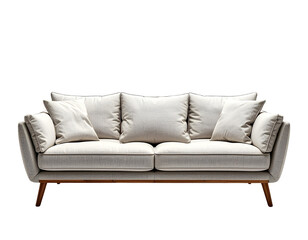 Modern Beige Sofa with Plush Pillows on White Background.