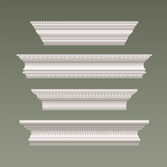 White cornice molding collection with decorative trim elements - classic baseboard and crown designs with ornate plaster patterns. Architectural wall borders with realistic 3d relief frieze details © klyaksun