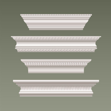 White cornice molding collection with decorative trim elements - classic baseboard and crown designs with ornate plaster patterns. Architectural wall borders with realistic 3d relief frieze details