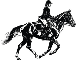 Fototapeta premium Horse riding silhouette vector, equestrian sport, rider in motion, black and white contrast, helmeted posture, saddle detail, outdoor activity, graceful trot