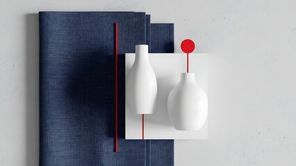 Minimalist geometric flat lay with red, white, and blue elements on concrete, representing modern patriotism and a sophisticated national identity.