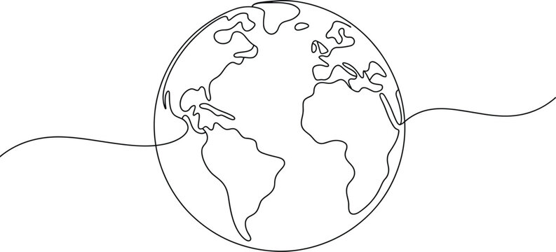 Earth globe continuous line drawing vector illustration world map one line art minimalist modern design concept