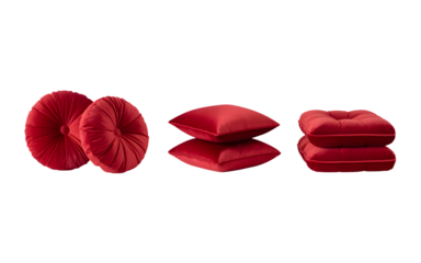 Collection of three different styles of plush red decorative pillows
