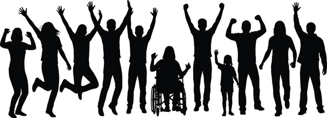 Inclusive celebration silhouette vector, diverse group pose, black and white contrast, joyful movement, unity theme, minimal design, accessibility, emotional energy