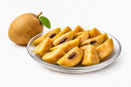 Fresh Chikoo Slices on Glass Plate with Whole Sapodilla on White