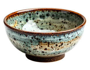 Rustic Ceramic Bowl with Speckled Glaze and Food.