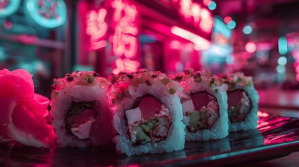 Cyberpunk Style Sushi Rolls with Pink Neon Japanese Signs in Night City Environment