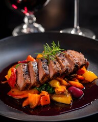 Gourmet Grilled Beef Steak Slices with Red Wine Sauce and Roasted Vegetables