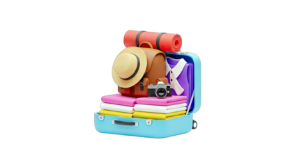 Suitcase Packed for Travel with Clothes, Camera, and Accessories