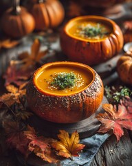 Two Creamy Pumpkin Soups Served in Natural Vegetable Bowls with Autumn Decoration