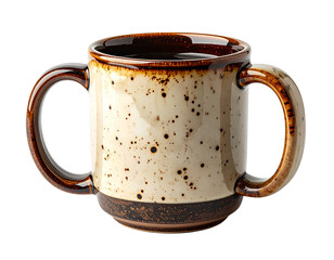Rustic Ceramic Mug with Two Handles and Speckled Glaze.