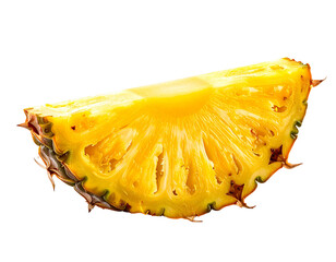 A juicy slice of ripe pineapple with its distinctive texture and vibrant yellow color isolated on a white background.