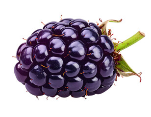 A single ripe blackberry with a green stem against a white background.
