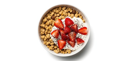 Bowl of granola with yogurt and fresh strawberries isolated on white background
