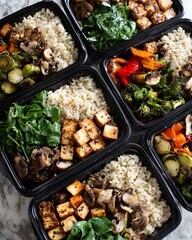 Top View of Weekly Vegan Meal Prep Containers with Grilled Tofu Mushrooms and Rice