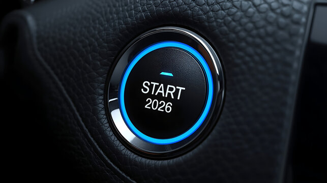 Ultra-realistic close-up of a modern car engine start button on a black leather dashboard. The circular button has a glossy black surface, a chrome rim, and a neon blue glowing ring.