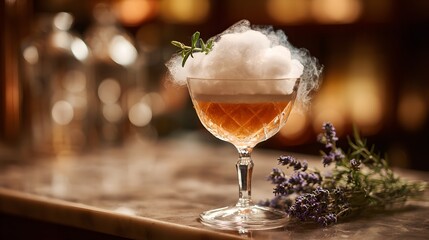 Luxury Craft Cocktail with White Smoke Foam and Lavender Garnish on Bar Counter