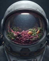 Futuristic Astronaut Helmet with Greenhouse Interior for Space Agriculture Concept