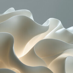 Organic ceramic sculpture forms with soft glowing light in Pantone Cloud Dancer, modern abstract art background.