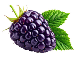 A single ripe blackberry with green leaves on a white background.