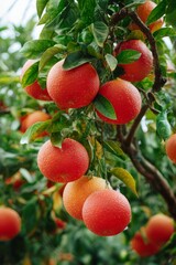 Obraz premium Red grapefruit ripening on citrus tree in orchard, vertical