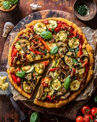Homemade Vegan Vegetable Pizza with Zucchini Mushrooms and Basil on Wooden Board