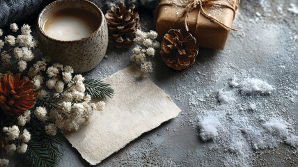 Winter Flat Lay with Blank Paper, Hot Drink, and Snowy Holiday Accents