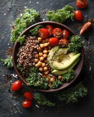Vegan Nutritious Salad Bowl with Cherry Tomatoes and Superfoods on Dark Background
