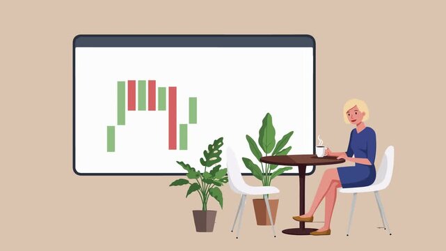 Flat vector illustration of a professional business woman works while having some a cup of coffe at her office desk with a computer monitor in a modern room