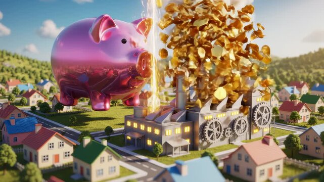 Piggy Bank Generates Gold Pouring Over Factory in Animated Cartoon