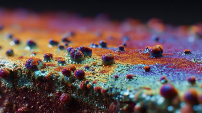 Detailed scene highlighting the colorful oxidation of titanium ensuring functional and antibacterial surfaces for biomedical applications.