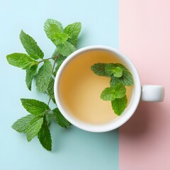 Top View Of Herbal Peppermint Tea In White Cup With Fresh Mint Sprigs On Pastel Pink And Blue Background